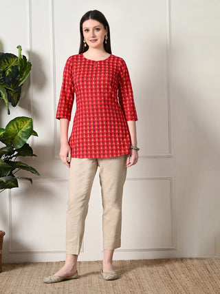 Red Cotton Printed Short Kurta