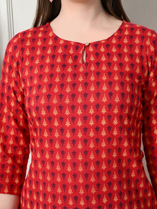 Red Cotton Printed Short Kurta