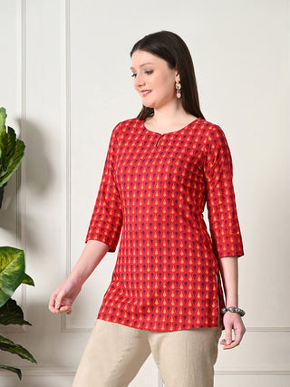 Red Cotton Printed Short Kurta