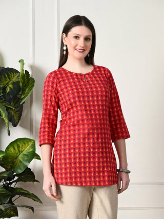 Red Cotton Printed Short Kurta