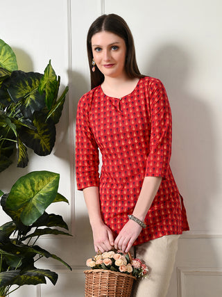 Red Cotton Printed Short Kurta