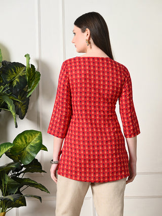 Red Cotton Printed Short Kurta