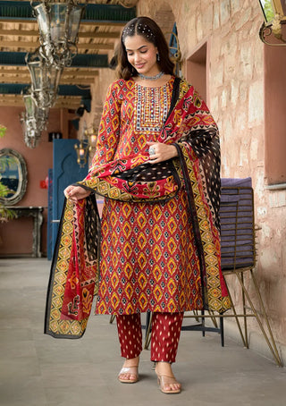 Multicolored Viscose Printed & Embroidered Straight Shape Suit Set with Chanderi Cotton Dupatta