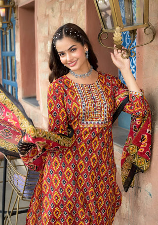 Multicolored Viscose Printed & Embroidered Straight Shape Suit Set with Chanderi Cotton Dupatta