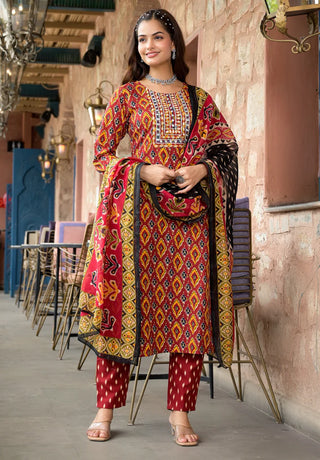 Multicolored Viscose Printed & Embroidered Straight Shape Suit Set with Chanderi Cotton Dupatta