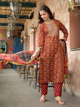 Multicolored Viscose Printed & Embroidered Straight Shape Suit Set with Chanderi Cotton Dupatta