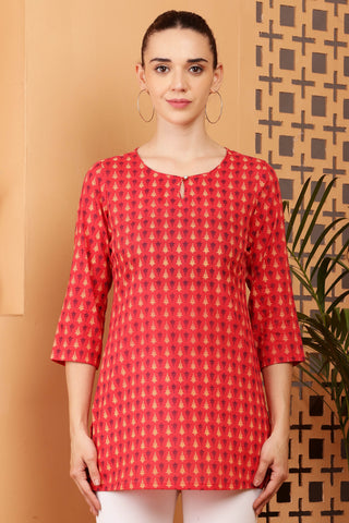 Red Rayon Embroidered Short Kurta