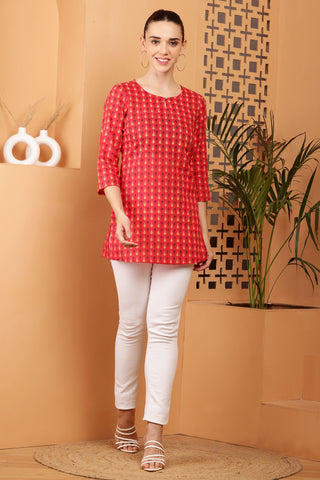 Red Rayon Embroidered Short Kurta
