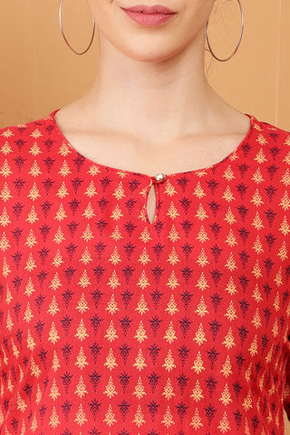 Red Rayon Embroidered Short Kurta
