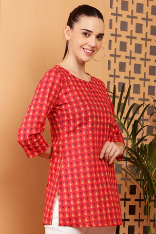 Red Rayon Embroidered Short Kurta