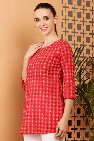 Red Rayon Embroidered Short Kurta
