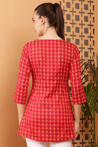 Red Rayon Embroidered Short Kurta