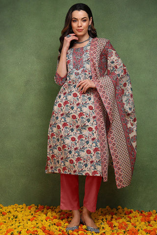 Red & White Cotton Floral Print Straight Shape Suit Set with Dupatta