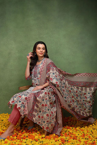 Red & White Cotton Floral Print Straight Shape Suit Set with Dupatta