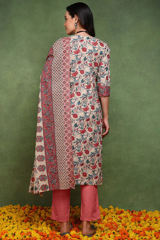 Red & White Cotton Floral Print Straight Shape Suit Set with Dupatta