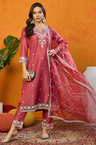 Rust Red Silk Blend Embroidered Stright Shape Suit Set with Dupatta