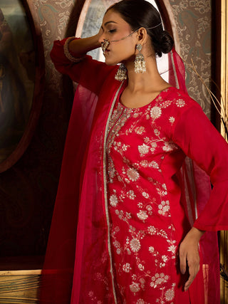 Red Organza Embroidered Kurta with Silk Blend Bottom and Dupatta