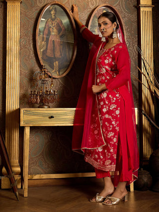 Red Organza Embroidered Kurta with Silk Blend Bottom and Dupatta