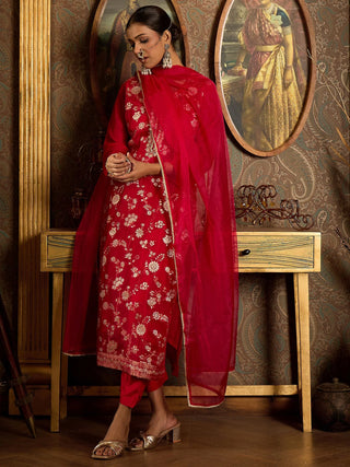 Red Organza Embroidered Kurta with Silk Blend Bottom and Dupatta