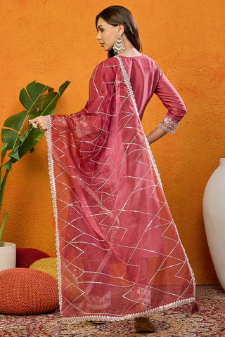 Rust Red Silk Blend Embroidered Stright Shape Suit Set with Dupatta