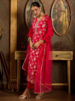 Red Organza Embroidered Kurta with Silk Blend Bottom and Dupatta