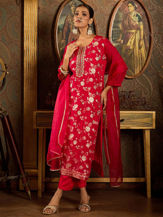 Red Organza Embroidered Kurta with Silk Blend Bottom and Dupatta