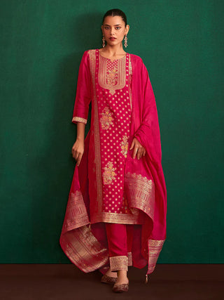 Red Organza Jacquard Work Kurta Dupatta with Viscose Bottom