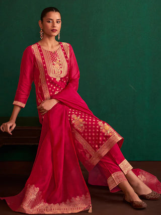 Red Organza Jacquard Work Kurta Dupatta with Viscose Bottom