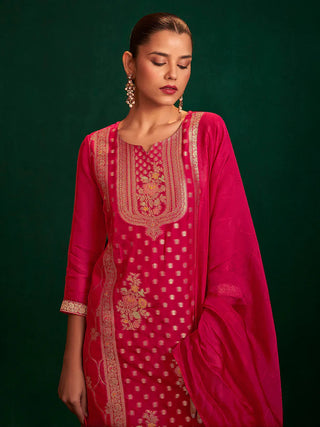 Red Organza Jacquard Work Kurta Dupatta with Viscose Bottom