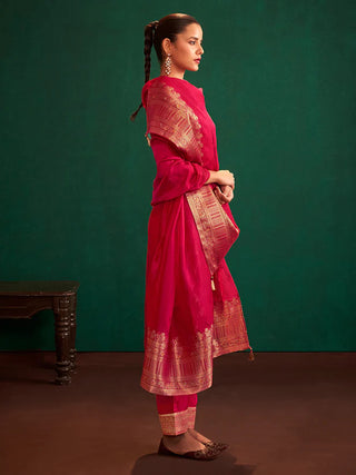 Red Organza Jacquard Work Kurta Dupatta with Viscose Bottom