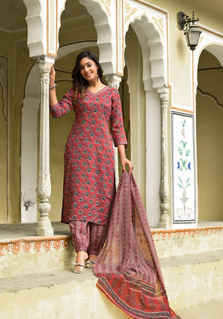 Red Viscose Floral Print Suit Set with Chanderi Cotton Dupatta