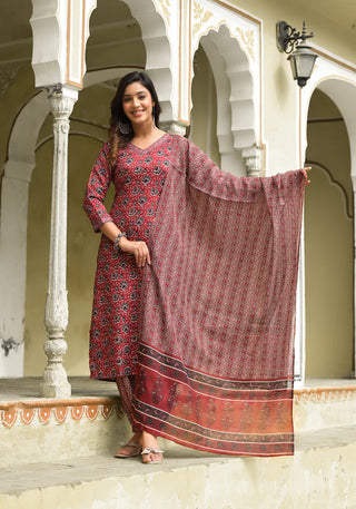 Red Viscose Floral Print Suit Set with Chanderi Cotton Dupatta