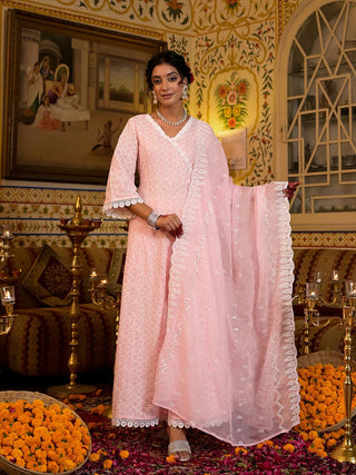 Cotton Pink Chikankari Sequins Embroidered Anarkali Set With Organza Dupatta