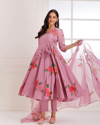 Organza Rose Pink Angrakha Hand Painted Anarkali Suit Set with Dupatta