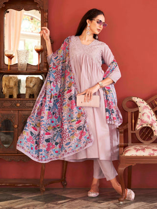 Rose Pink Cotton Tonal Thread Embroidered A Line Alia Cut Suit Set with Cotton Blend Printed Dupatta