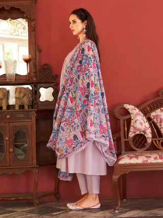 Rose Pink Cotton Tonal Thread Embroidered A Line Alia Cut Suit Set with Cotton Blend Printed Dupatta