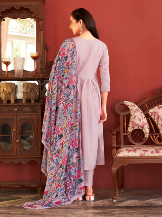 Rose Pink Cotton Tonal Thread Embroidered A Line Alia Cut Suit Set with Cotton Blend Printed Dupatta