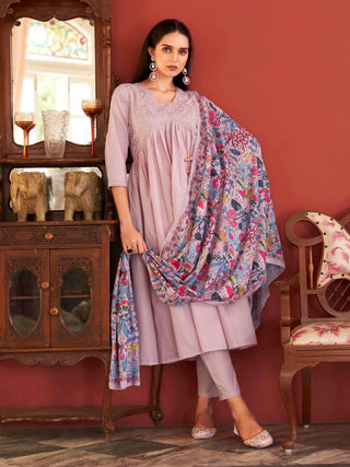 Rose Pink Cotton Tonal Thread Embroidered A Line Alia Cut Suit Set with Cotton Blend Printed Dupatta