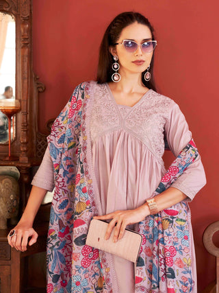 Rose Pink Cotton Tonal Thread Embroidered A Line Alia Cut Suit Set with Cotton Blend Printed Dupatta