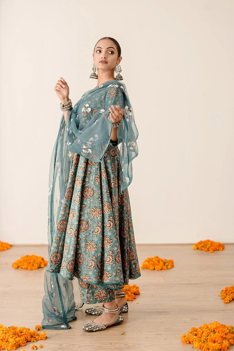 Pure Cotton Green Floral Printed Anarkali Suit Set