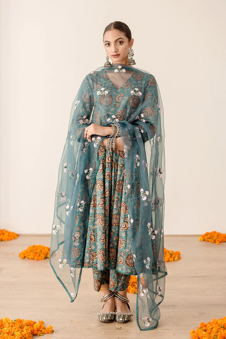 Pure Cotton Green Floral Printed Anarkali Suit Set