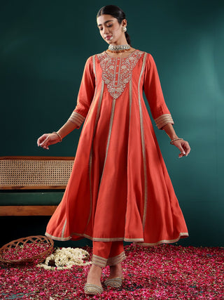 Rust Silk Blend Zari & Sequins Embroidered Anarkali Suit Set with Silk Chiffon Dupatta