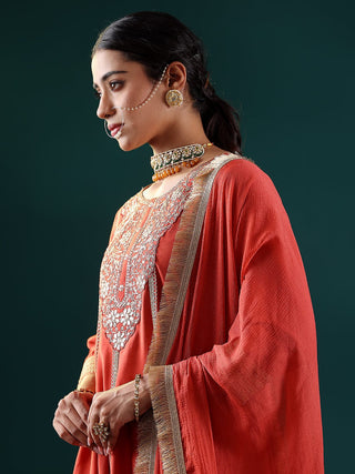 Rust Silk Blend Zari & Sequins Embroidered Anarkali Suit Set with Silk Chiffon Dupatta