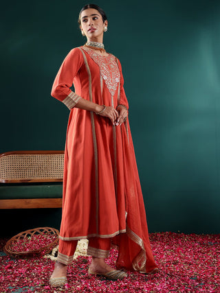 Rust Silk Blend Zari & Sequins Embroidered Anarkali Suit Set with Silk Chiffon Dupatta