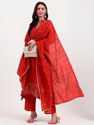 Rust Silk Blend Ethnic Motif Embroidered Suit Set with Dupatta