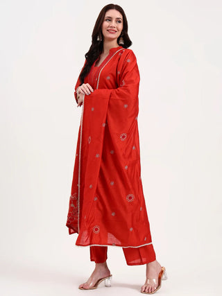 Rust Silk Blend Ethnic Motif Embroidered Suit Set with Dupatta