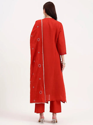 Rust Silk Blend Ethnic Motif Embroidered Suit Set with Dupatta