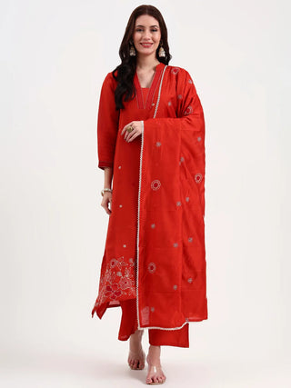 Rust Silk Blend Ethnic Motif Embroidered Suit Set with Dupatta
