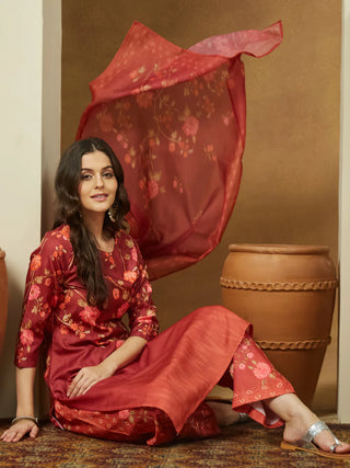 Rust Cotton Blend Floral Print Suit Set with Chanderi Blend Dupatta