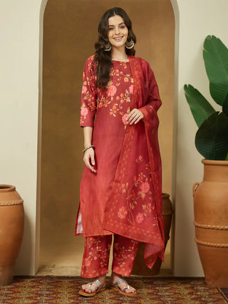 Rust Cotton Blend Floral Print Suit Set with Chanderi Blend Dupatta